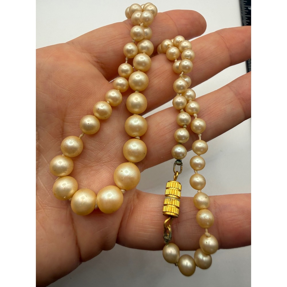 Vintage Graduated Faux Pearl Necklace Cream Knotted Strand Barrel Clasp 17in